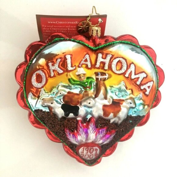 ✨ NEW Authentic Christopher Radko Love OKLAHOMA State Heart Shape Glass Ornament - Picture 7 of 8